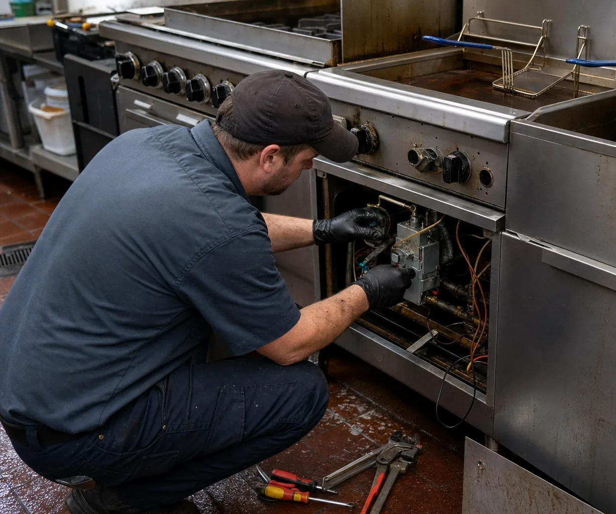 Technician servicing a commercial fryer and range line in a Bergen County kitchen