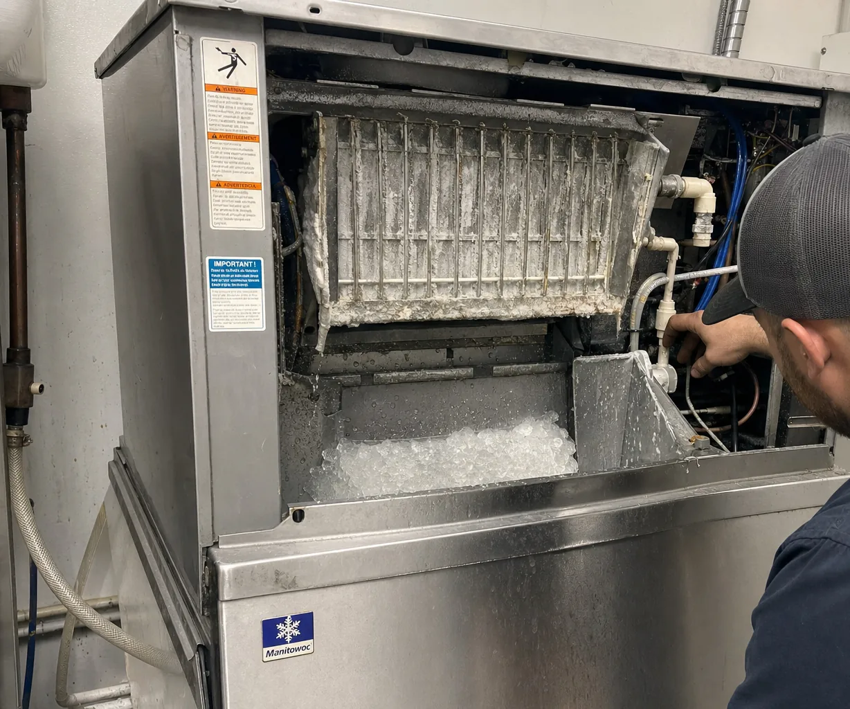 Technician servicing a commercial ice machine in a Bergen County kitchen