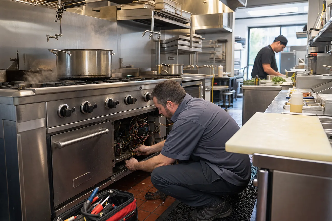 A stainless commercial kitchen line mid-repair