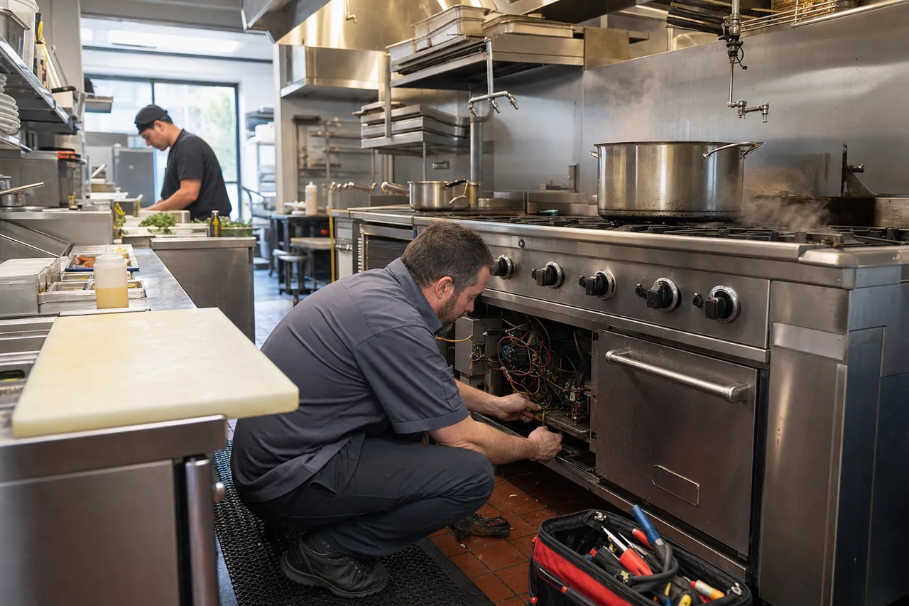 A stainless commercial kitchen line in a Bergen County kitchen