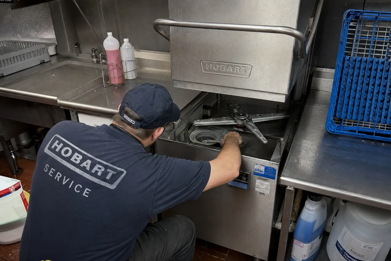 Technician servicing a commercial dish machine mid-repair